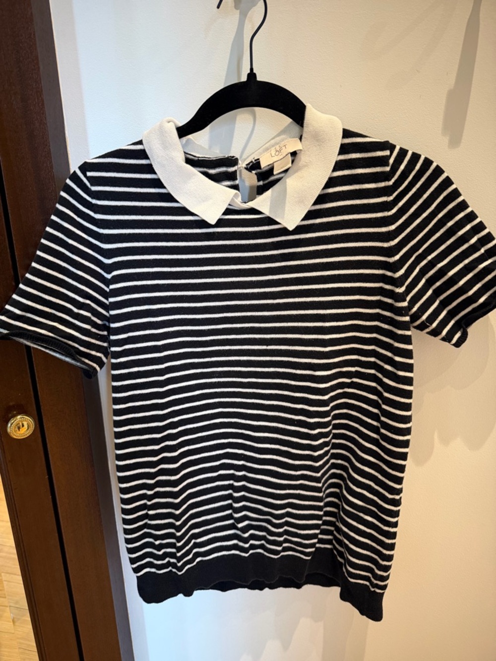 LOFT Black & White Striped Short Sleeve Polo Top